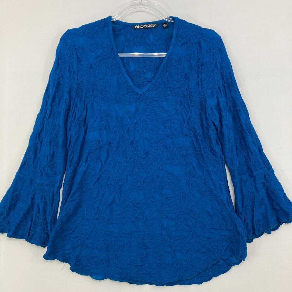 SNOSKINS Medium Blue V Neck Flare Sleeve Wrinkle Textured‎ Stretch Blouse Artsy